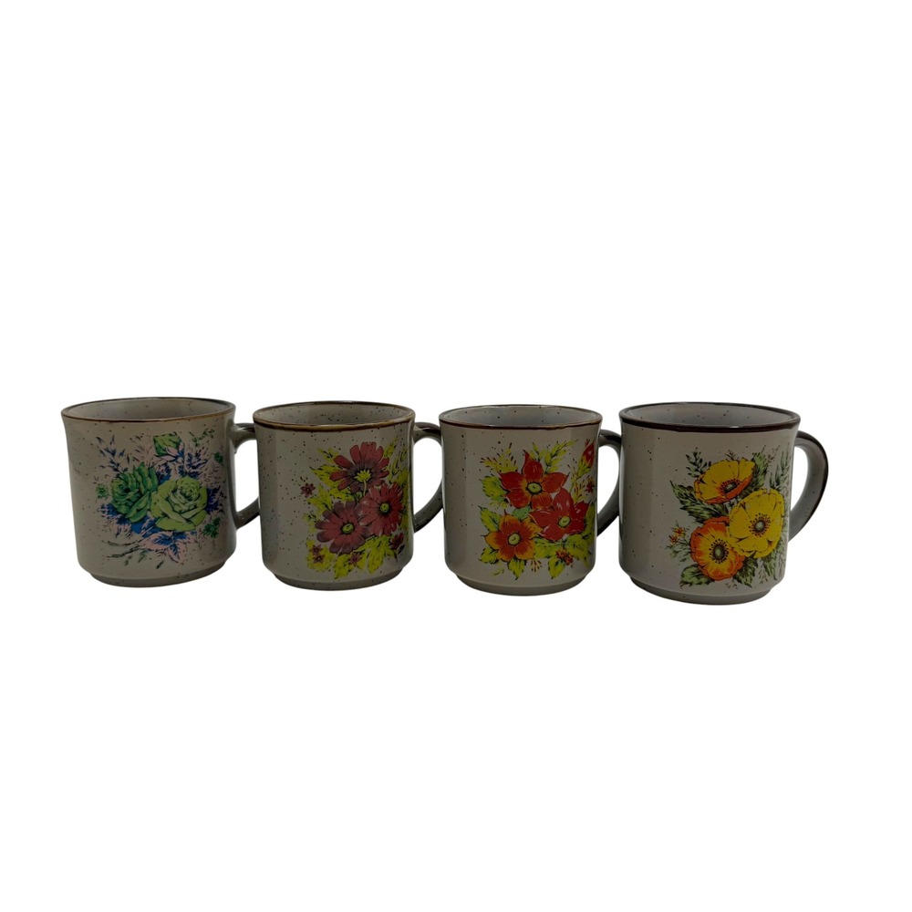 Vintage | Set of 4 Multicolor Floral Speckled Ceramic Coffee Mugs